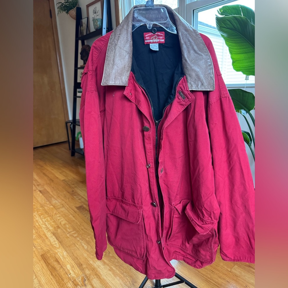 Vintage Marlboro red and leather trim barn style chore jacket coat